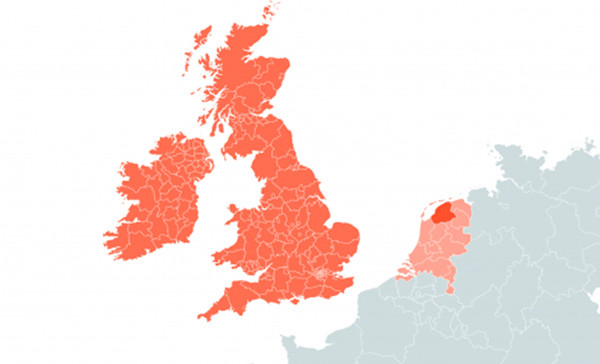 Map of UK + Ireland, the Netherlands and Friesland