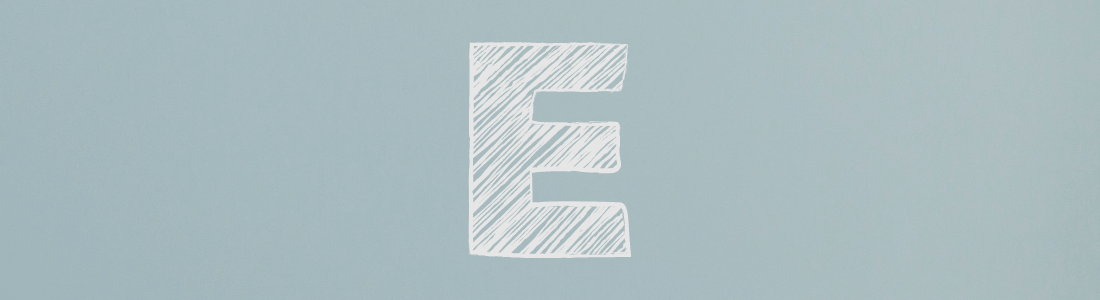 white letter E on grey background