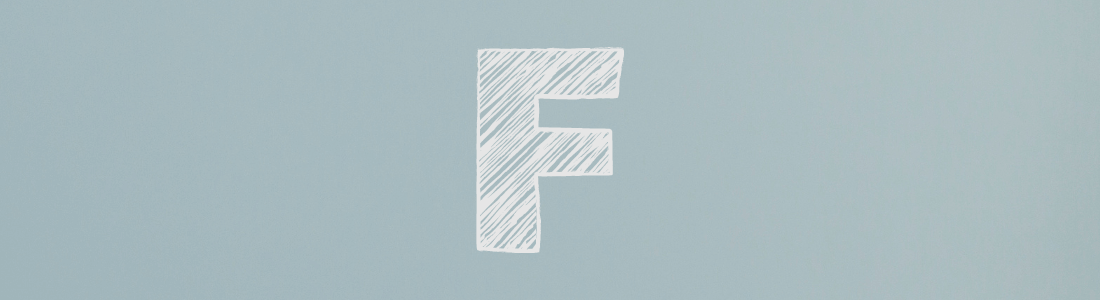 white letter F on grey background