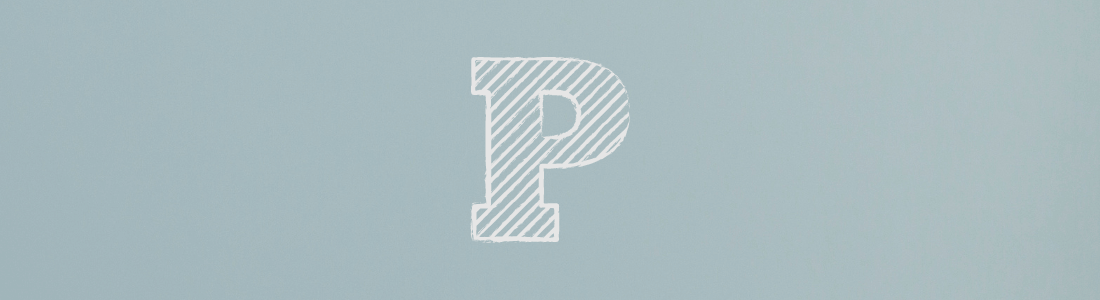 white letter P on grey background