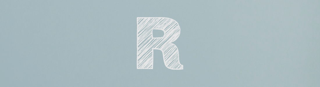 white letter R on grey background