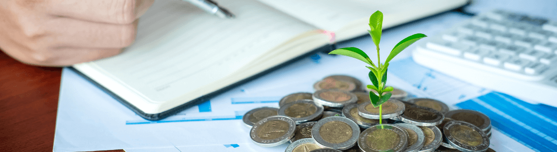 heap of coins with plan growing out of it on desk with documents